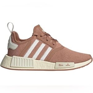 Adidas NMD_R1 shoes, specifically identified in the "Raw Pink" or "Salmon